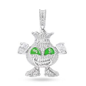 Sterling Silver 925 Cash Greedy Character Clear CZ Green Enamel Pendant